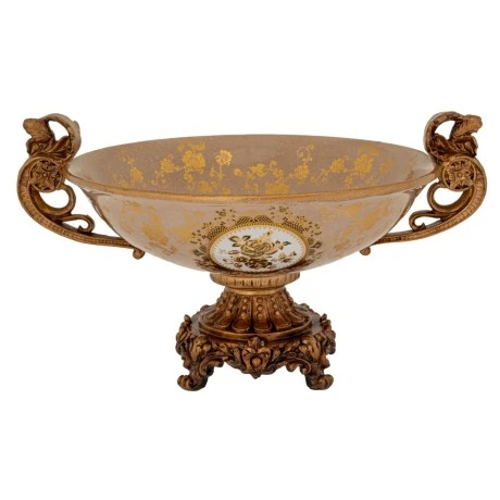 DECO POLYRESIN PLATE WITH FLOWERS AND GOLD HANDLES  39Χ31Χ21CM