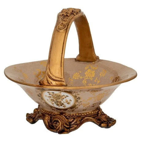 DECO POLYRESIN FLORAL PLATE WITH GOLD HANDLE 26X23X23CM