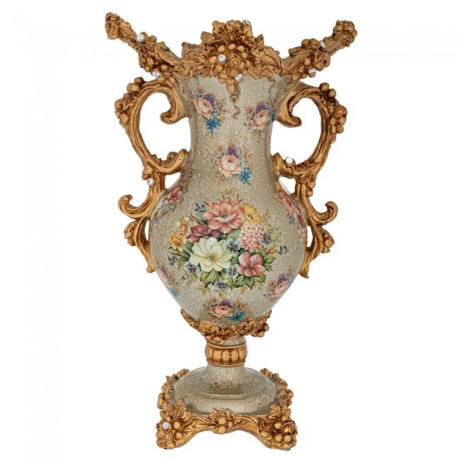 DECO FLORAL POLYRESIN VASE WITH GOLD DETAILS 29X18X46CM