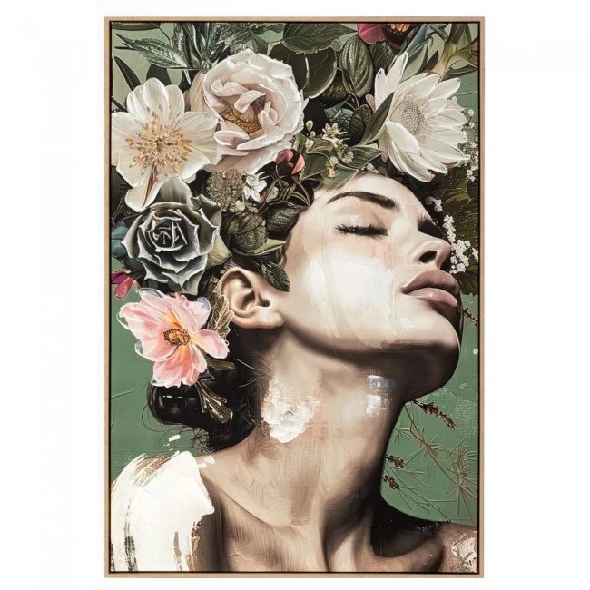 OIL PAINTING ON PRINTED CANVAS 80Χ120 CM OF A WOMAN WITH FLOWERS ON HER HEAD