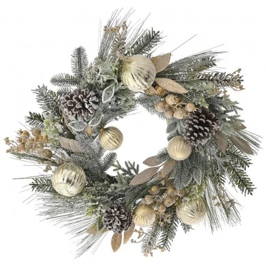FROSTED WREATH WITH GOLD BERRIES AND BAUBLES 55CM