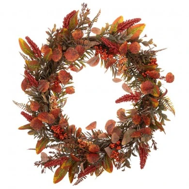 ARTIFICIAL AUTUMN WREATH WITH ORANGE LEAVES AND BERRIES D60CM