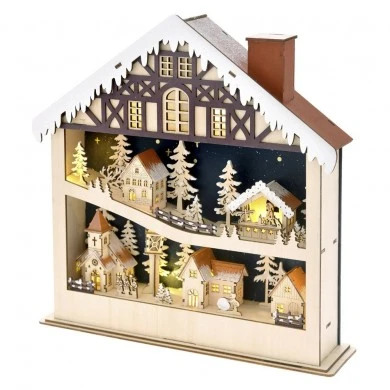 CHRISTMAS NATURAL WOOD HOUSE WITH LED LIGHTS 30X7X31CM