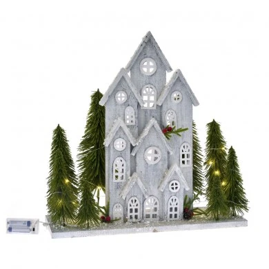 GREY WOODEN HOUSE 49X16X49CM WITH TREES AND 20LED LIGHTS