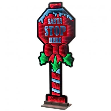 120CM INFINITY LIGHT STANDING SANTA STOP HERE BOARD WITH BOW WITH WOODEN AND ALUMINIUM BASE  DOUBLE FACE ILUMINATED FROM BOTH SIDES WITH EUROPEAN PLUG