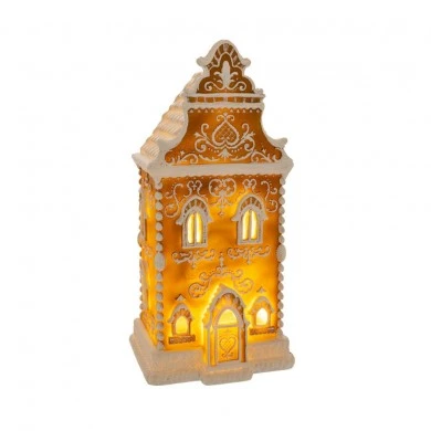 XMAS RESIN GINGERBREAD HOUSE BROWN WHITE WITH LED 17X14X34CM