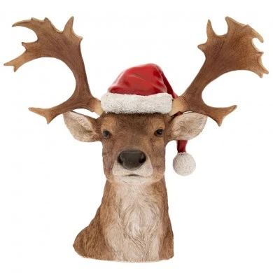 XMAS BROWN RESIN DEER HEAD BUST WEARING RED WINTER HAT 27,5X23X36,5CM