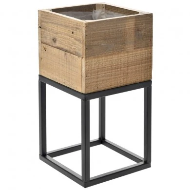 WOODEN PLANTER ON METAL STAND 18X18X34