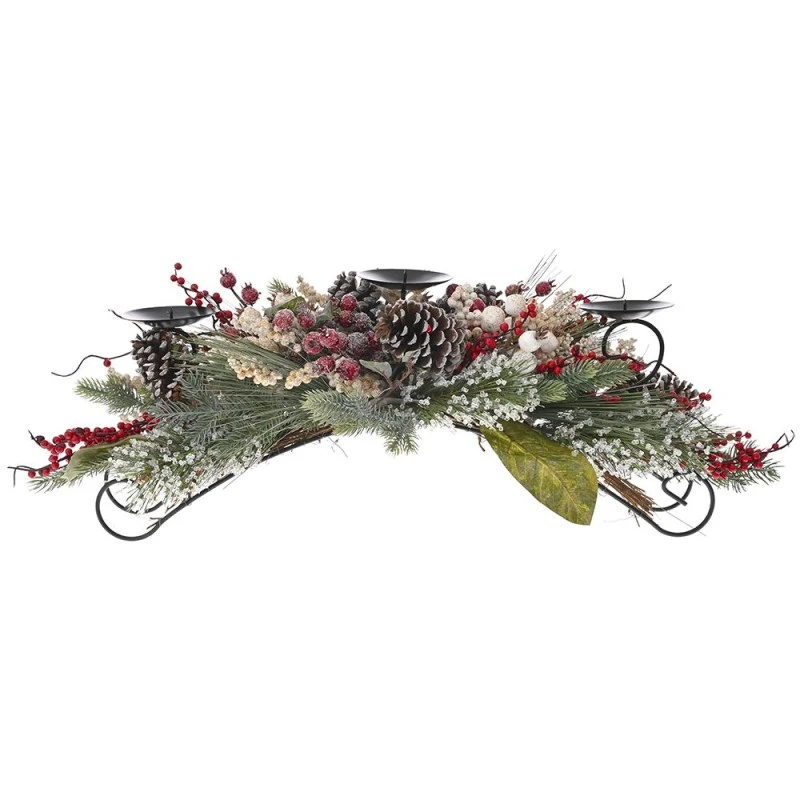 GREEN CANDLE HOLDER WITH CREAM AND RED BERRIES AND PINE CONES 66CM