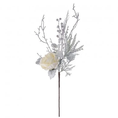 XMAS BRANCH WITH WILD LEAVES AND CREAM ROSE 65CM