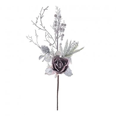 XMAS BRANCH WITH WILD LEAVES AND PURPLE ROSE 65CM