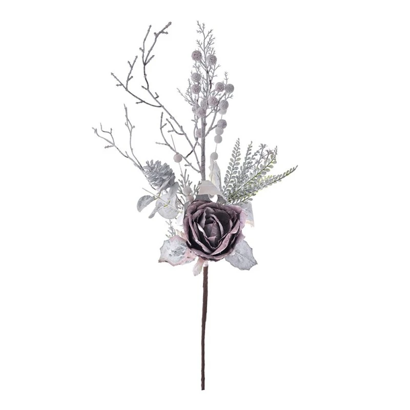 XMAS BRANCH WITH WILD LEAVES AND PURPLE ROSE 65CM