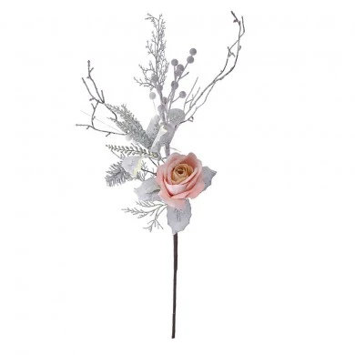 XMAS BRANCH WITH WILD LEAVES AND PINK ROSE 65CM