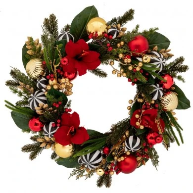 RED WREATH WITH ARTIFICIAL FLOWERS AND RED BALLS 61X61X17CM