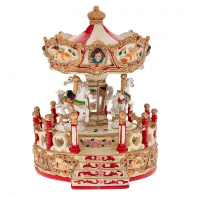 XMAS RESIN WINDING CAROUSEL WITH HORSES, MUSIC AND MOVEMENT 14,5X13X18CM