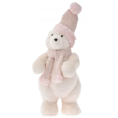 XMAS CREAM BEAR WITH PINK SCARF AND HAT 22Χ20Χ40CM