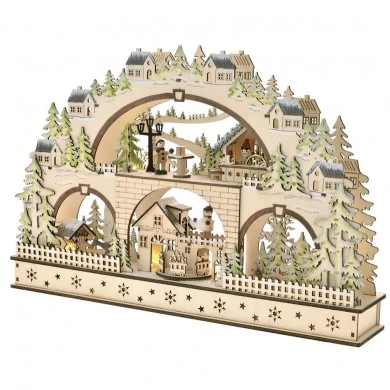 CHRISTMAS WOOD VILLAGE WITH CLOCKWORK CHRISTMAS MUSIC AND LED LIGHTS 45X8X30CM