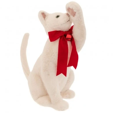 XMAS WHITE SITTING CAT WITH RED BOW ON NECK 38X25X54CM