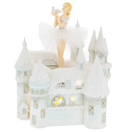 WHITE RESIN BALLERINA ON ROTATING MUSICAL CASTLE WΙΤΗ LED 26Χ20Χ29.5CM