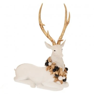 WHITE RESIN SITTING DEER WITH WREATH ON THE NECK 25.5X12X34.5CM