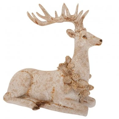 XMAS WHITE RESIN SITING DEER WITH GOLD HORNS 30,5X15,5X28,5CM