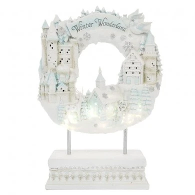 WHITE RESIN METAL WREATH ON STAND WITH LED 34.5X13.5X48CM