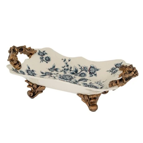 DECO WHITE POLYRESIN TRAY WITH FLOWERS AND GOLD HANDLES 39X23X13CM