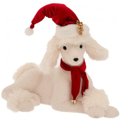 XMAS WHITE SITTING DOG WEARING RED HAT AND SCARF 54X31X37CM