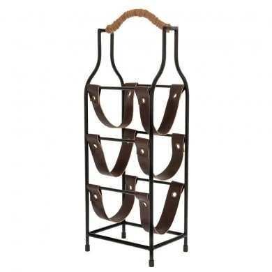 BLACK METAL WINE RACK WITH 3 LEATHER BOTTLE CASES AND WOODEN HANDLE 17,5X13X52CM
