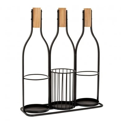 BLACK METAL WINE RACK FOR 3 BOTTLES WITH WOODEN CAP 36X13X43CM
