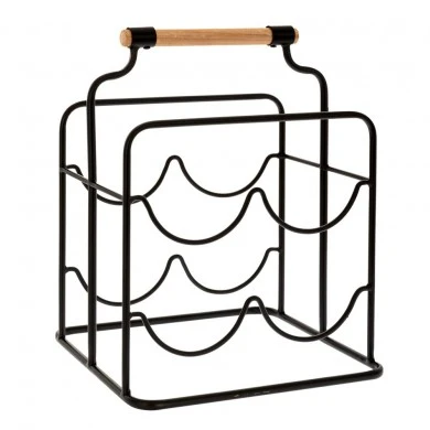 BLACK METAL WINE RACK FOR 4 BOTTLES WITH WOODEN HANDLE 26X23,5X32CM