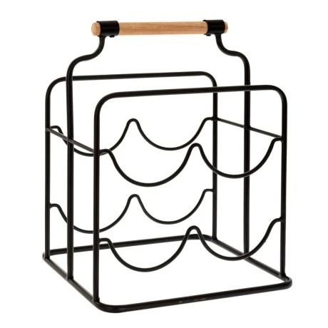 BLACK METAL WINE RACK FOR 4 BOTTLES WITH WOODEN HANDLE 26X23,5X32CM
