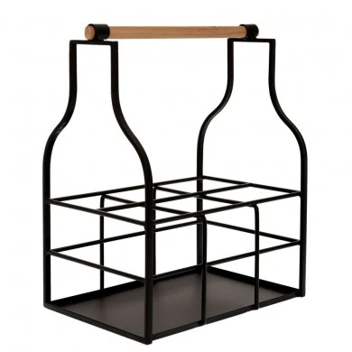 BLACK METAL WINE RACK FOR 6 BOTTLES WITH WOODEN HANDLE 33X23X40,5CM