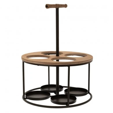 BLACK METAL ROUND WINE RACK FOR 4 BOTTLES WITH WOODEN DETAILS 30X30X39,5CM