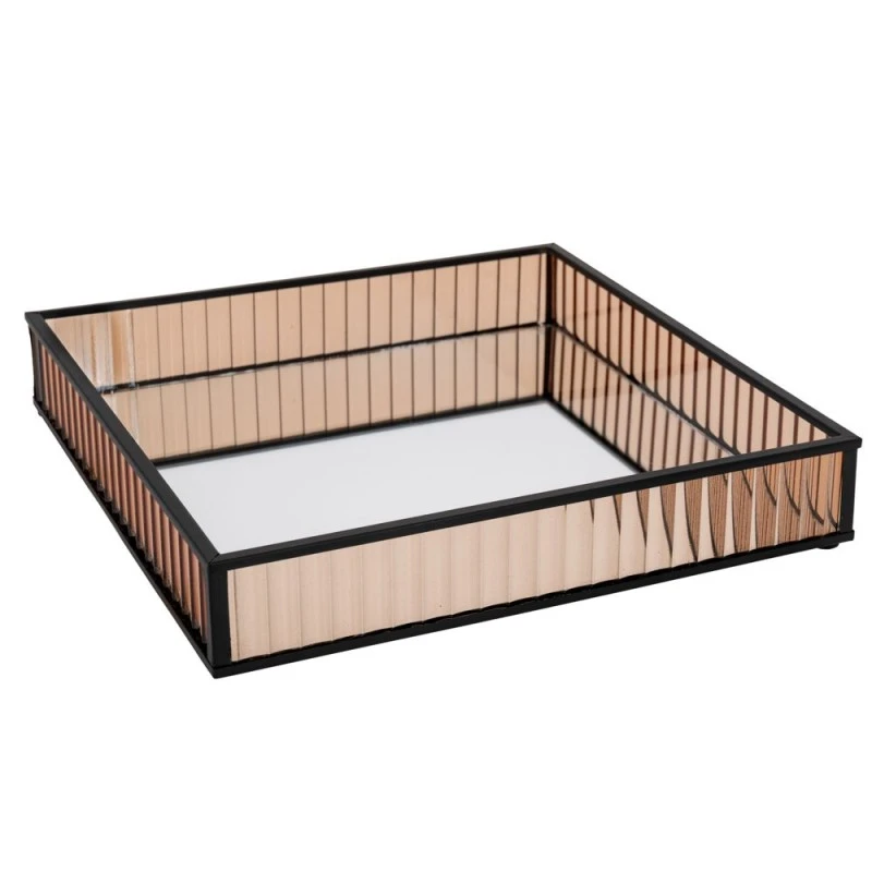 BLACK METAL TRAY 25X25 CM WITH HONEY COLOR GLASS AND MIRROR SURFACE