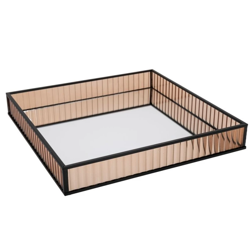 BLACK METAL TRAY 30X30 CM WITH HONEY COLOR GLASS AND MIRROR SURFACE
