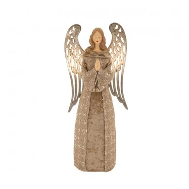 BEIGE ANGEL WITH GOLD METAL WINGS LED LIGHT 25X15X55CM