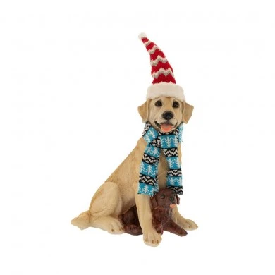 XMAS RESIN BEIGE DOG WITH RED CAP SCARF BLUE 24,5X20X29CM