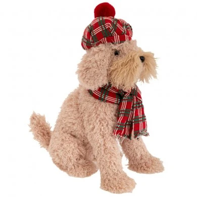 XMAS BEIGE SITTING DOG WEARING PLAID HAT AND SCARF 40X28X48CM