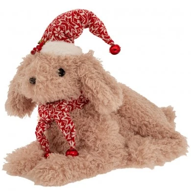 XMAS BEIGE LYING DOG WEARING RED HAT AND SCARF 59X32X30CM