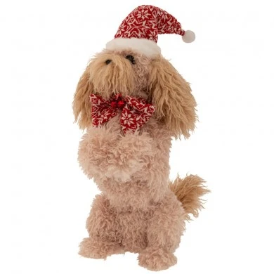 XMAS BEIGE DOG WEARING RED HAT AND SCARF 21X37X54CM