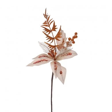 XMAS ROSE GOLD POINSETIA BRANCH WITH MISTLETOE 58CM