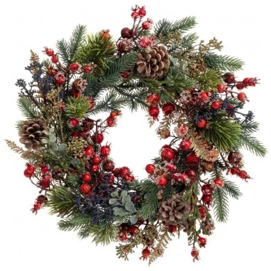 ICED GREEN WREATH WITH RED BERRIES AND PINE CONES 40CM