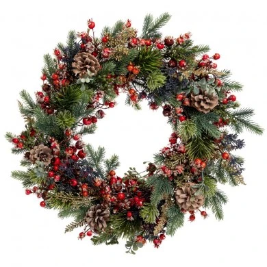 ICED GREEN WREATH WITH RED BERRIES AND PINE CONES 50CM