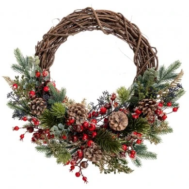 ICED GREEN WREATH WITH RED BERRIES AND PINE CONES 50CM