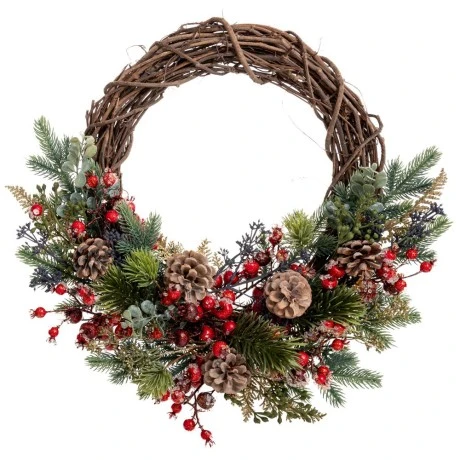 ICED GREEN WREATH WITH RED BERRIES AND PINE CONES 50CM