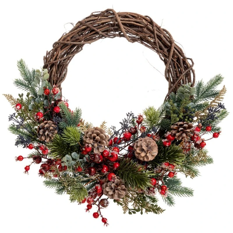 ICED GREEN WREATH WITH RED BERRIES AND PINE CONES 50CM