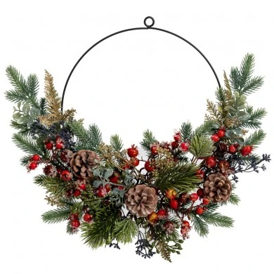 ICED GREEN WREATH WITH RED BERRIES AND PINE CONES 30CM