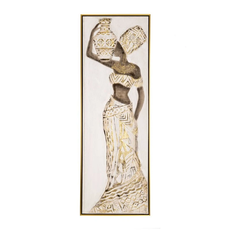 OIL PAINTING ON TOP OF PRINTED CANVAS BLACK GIRL WITH  IN CREAM DRESS  AND GOLDEN  FRAME 42.5Χ4.5Χ122.5CM