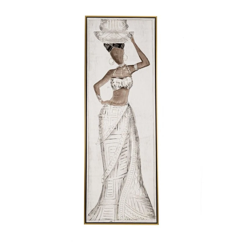 OIL PAINTING ON TOP OF PRINTED CANVAS BLACK GIRL WITH IN CREAM DRESS AND GOLDEN FRAME 42.5X4.5Χ122.5CM